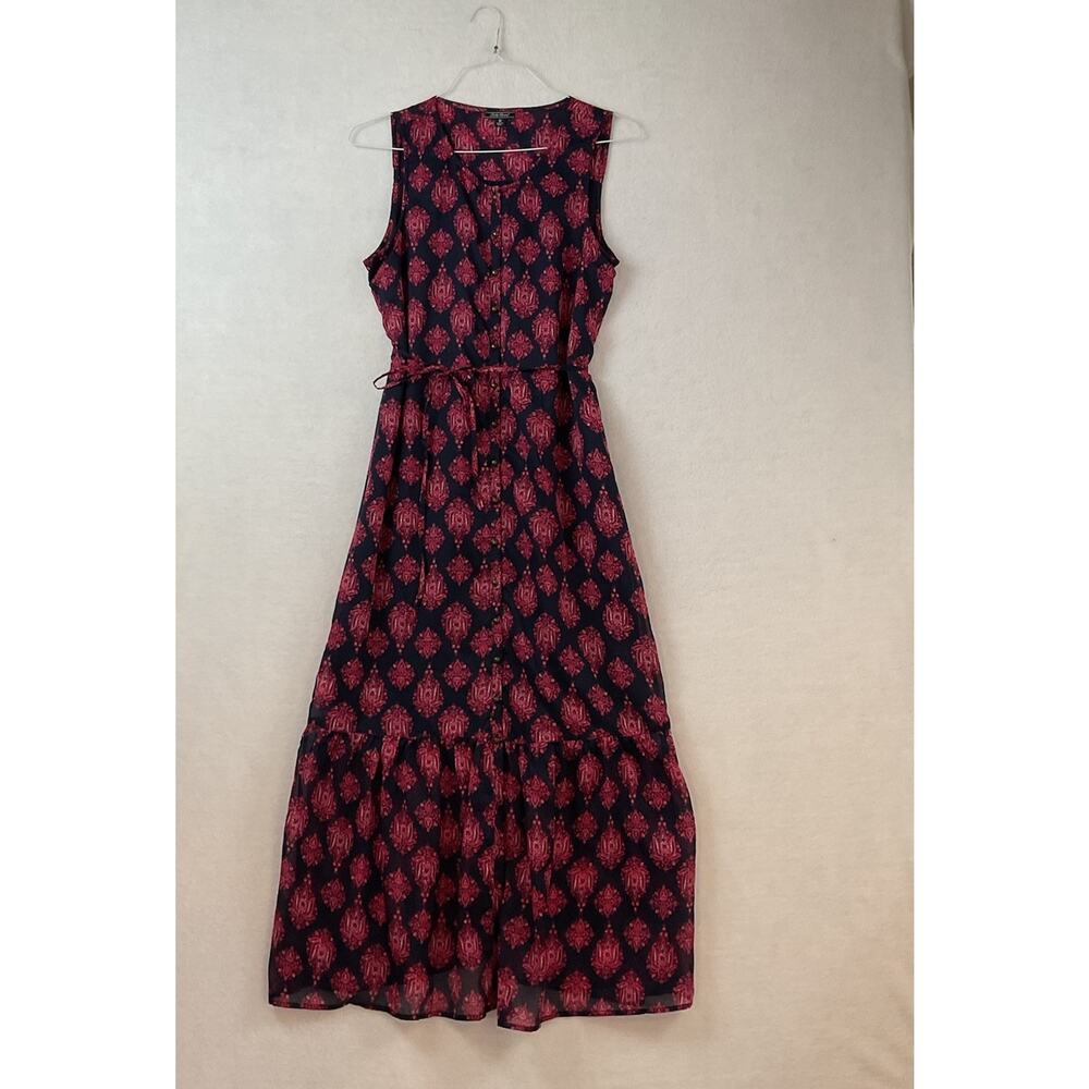 Lucky‎ Brand Maxi Dress Womens M Navy Blue Red Floral Sleeveless Sheer Ruffle